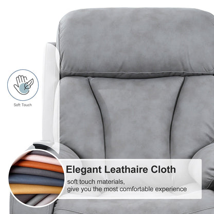 Fauteuil inclinable électrique gris clair pour personnes âgées, rembourré en polyester, avec poche latérale, accoudoirs coussinés et télécommande.