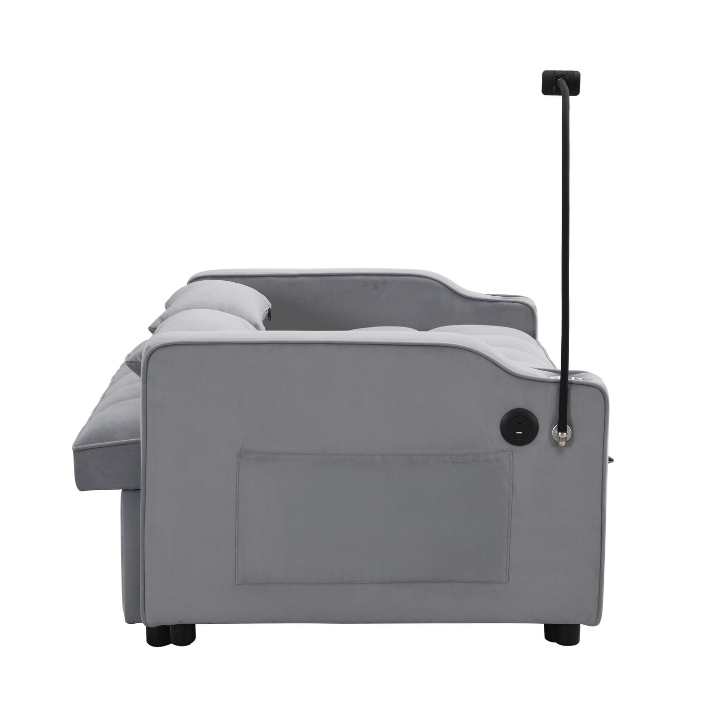 Canapé-lit convertible en velours gris clair avec dossier réglable