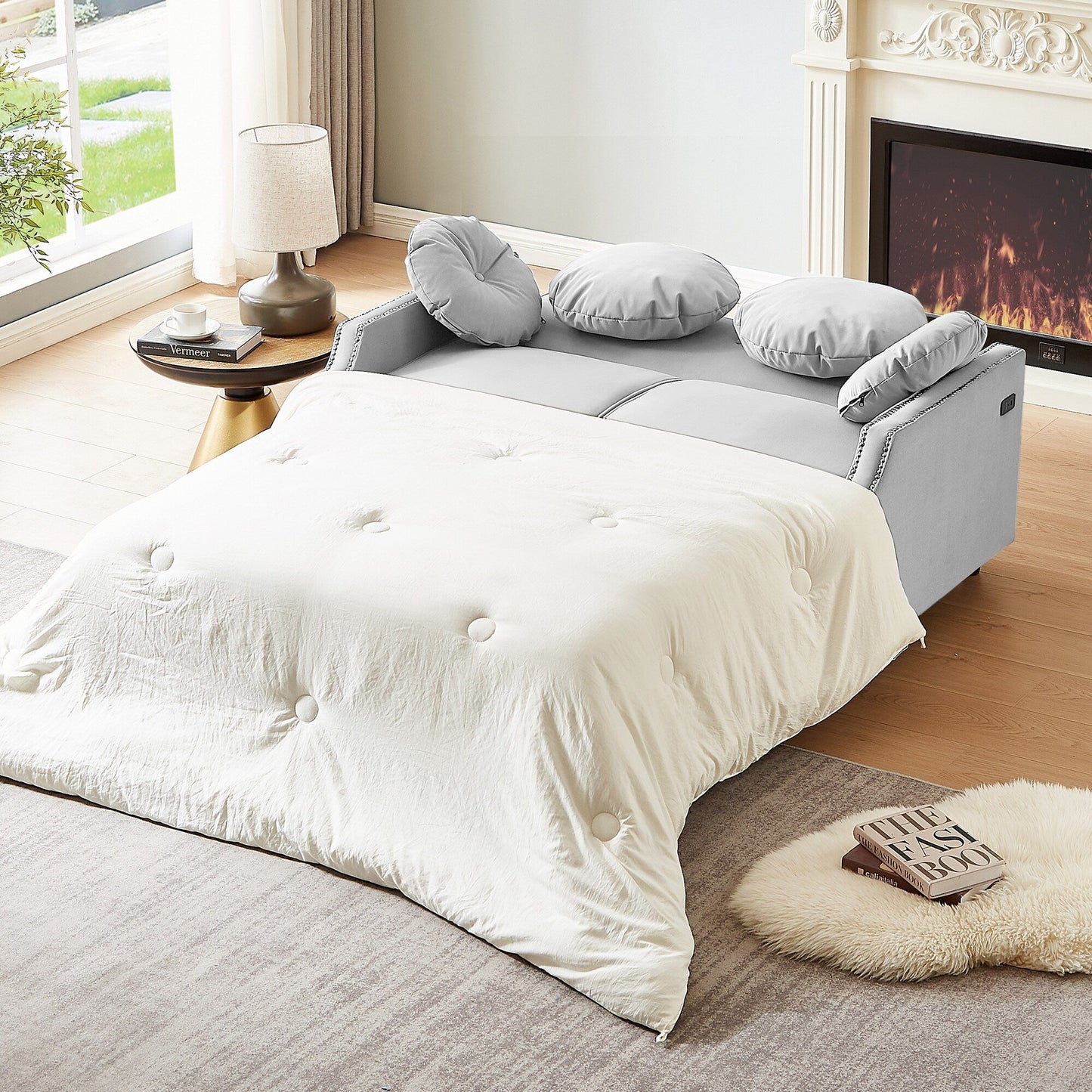 Canapé-lit réglable en polyester gris clair 54,7 avec deux ports USB et quatre coussins lombaires à motifs floraux