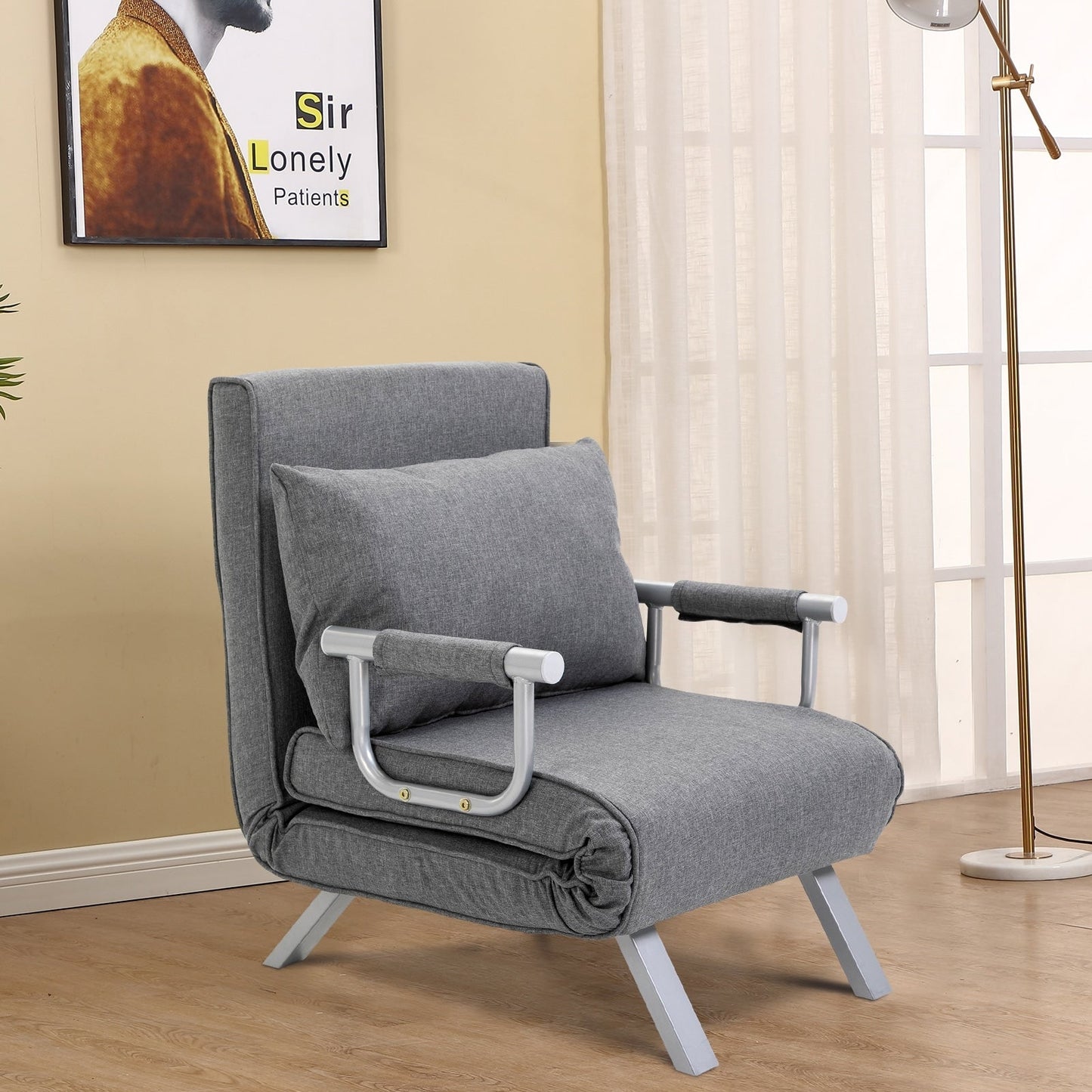 Canapé-lit convertible 5 positions pliable gris clair 73 places avec oreiller et cadre en acier pour le bureau à domicile