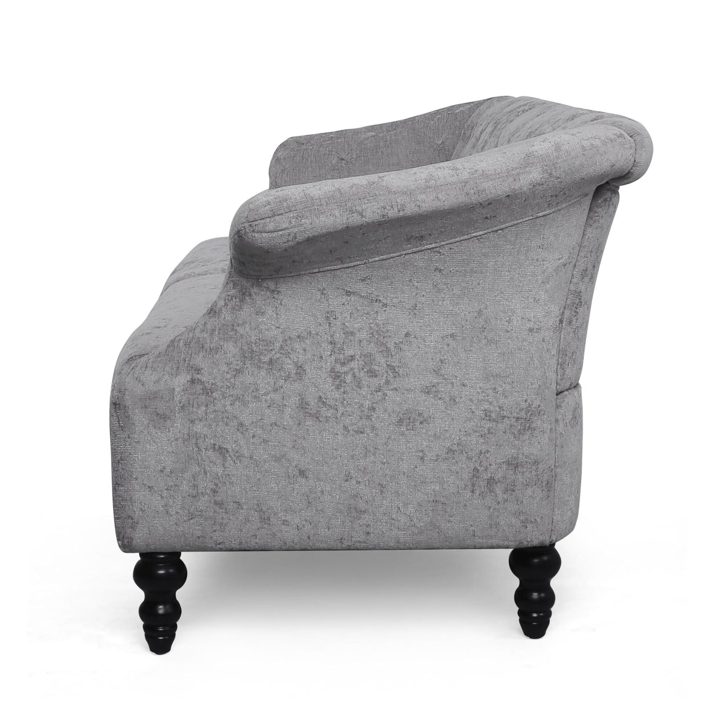 Canapé capitonné en velours gris clair 75 avec accoudoirs évasés et assise profonde et pieds en bois pour le salon