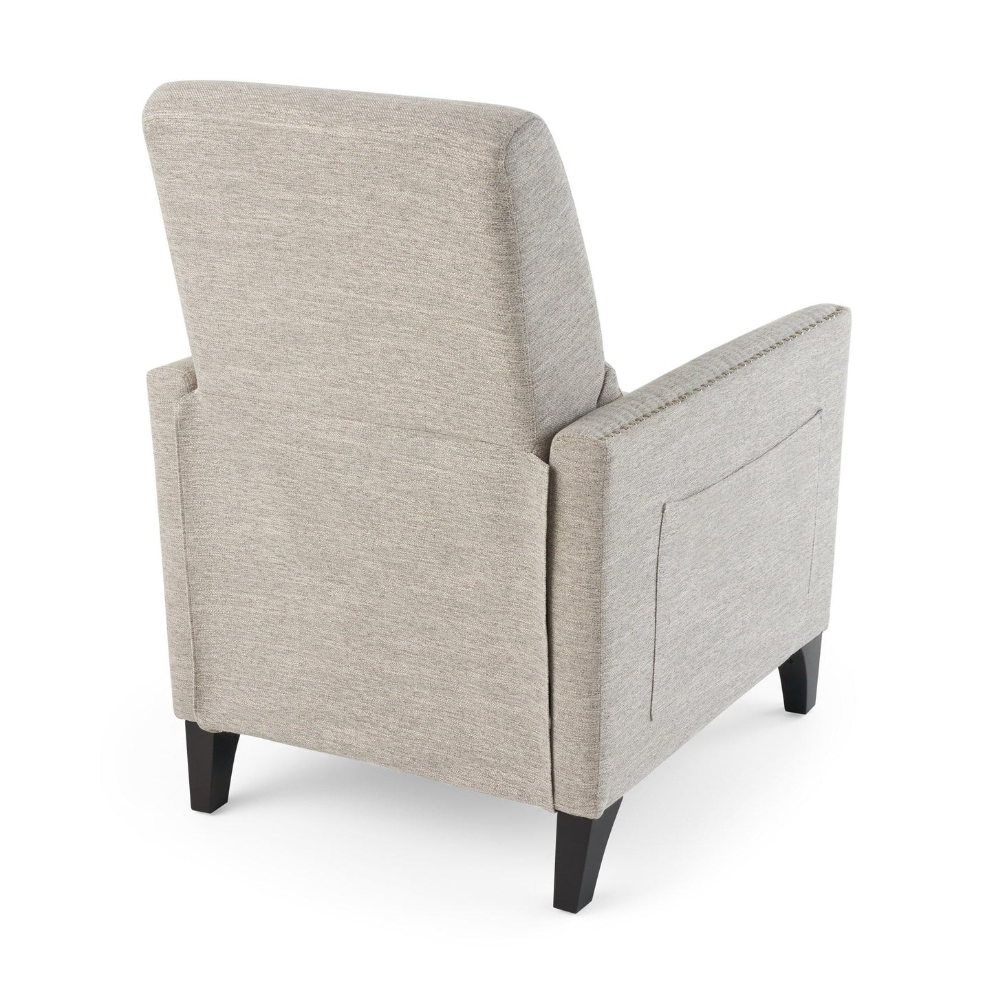 Fauteuil inclinable moderne en tissu gris clair avec repose-pieds, clous décoratifs et pieds en bouleau
