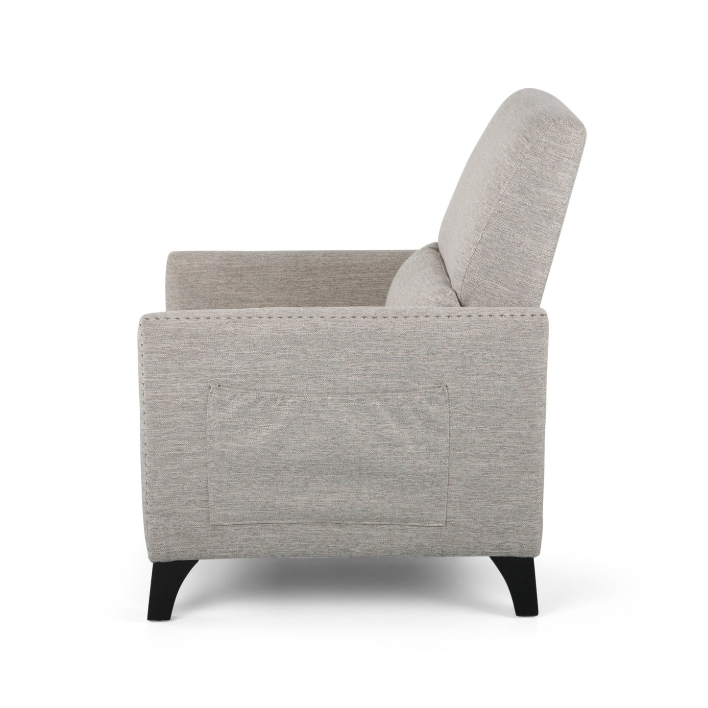 Fauteuil inclinable moderne en tissu gris clair avec repose-pieds, clous décoratifs et pieds en bouleau