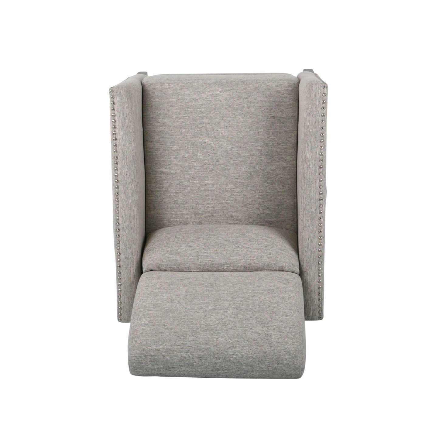 Fauteuil inclinable moderne en tissu gris clair avec repose-pieds, clous décoratifs et pieds en bouleau