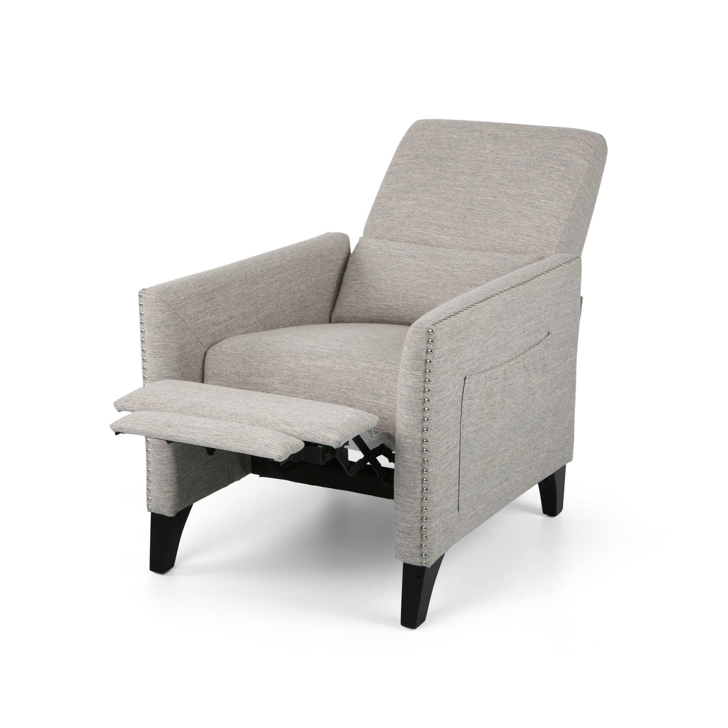 Fauteuil inclinable moderne en tissu gris clair avec repose-pieds, clous décoratifs et pieds en bouleau