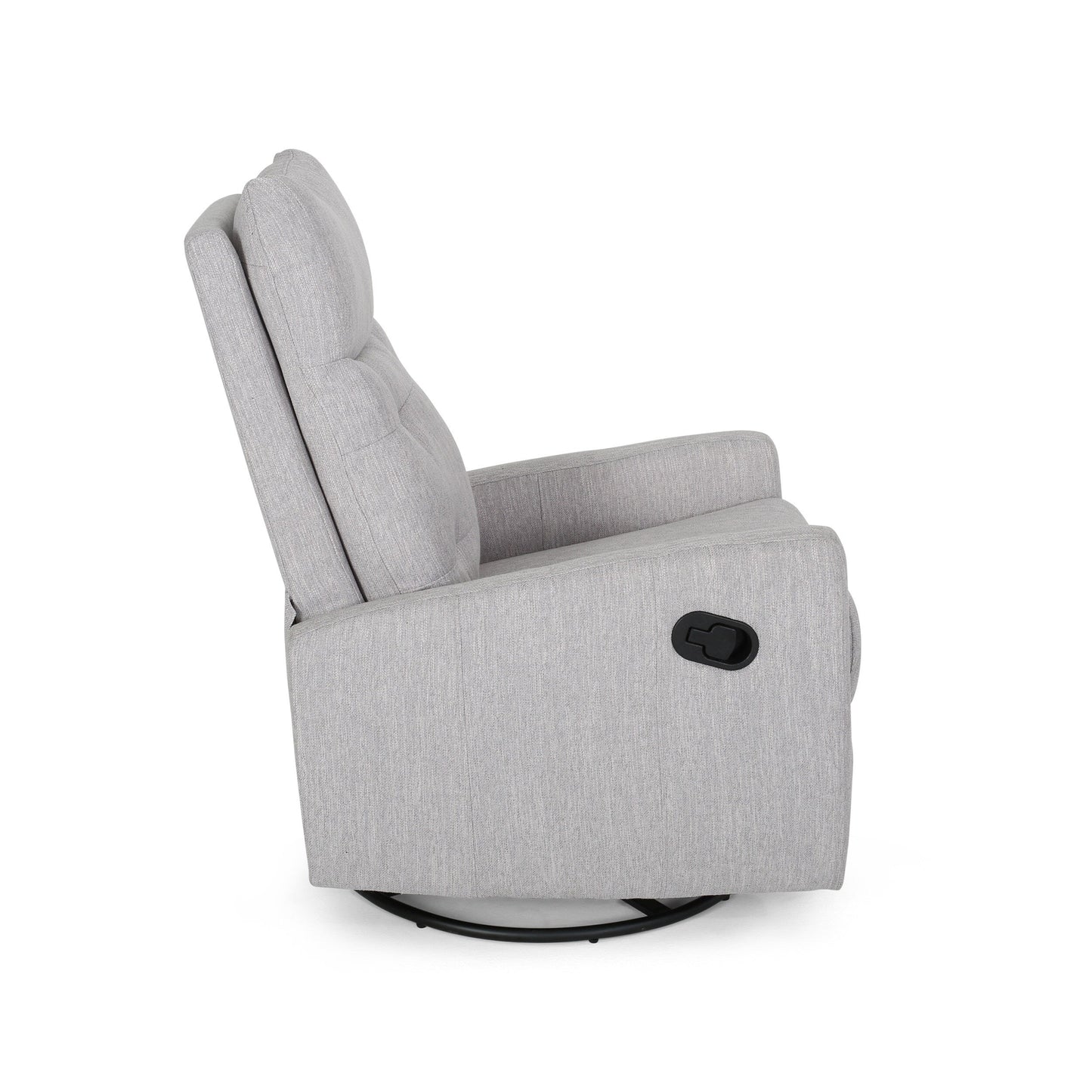 Fauteuil inclinable pivotant et rembourré en tissu gris clair moderne avec repose-pieds et dossier capitonné