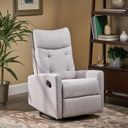 Fauteuil inclinable pivotant et rembourré en tissu gris clair moderne avec repose-pieds et dossier capitonné