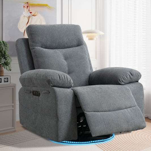 Fauteuil inclinable électrique pivotant à 270° surdimensionné gris clair avec haut-parleur Bluetooth, éclairage LED, ports USB et Type-C