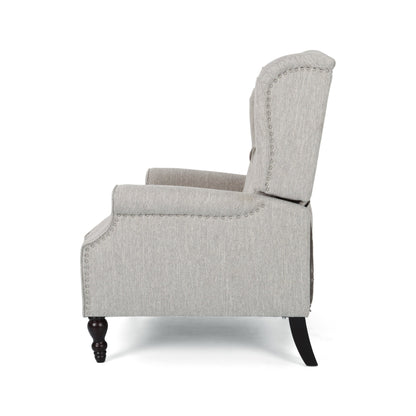 Fauteuil inclinable rembourré surdimensionné gris clair avec repose-pieds, dossier capitonné et clous décoratifs