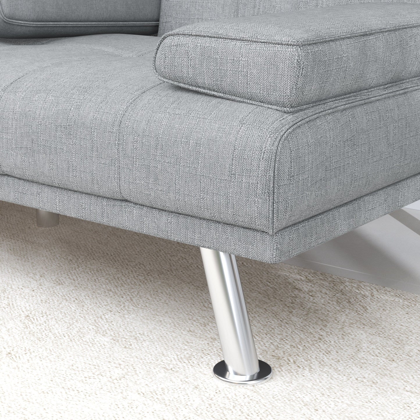 Canapé-lit 66 places rembourré gris clair avec 2 porte-gobelets et pieds en acier inoxydable pour le salon