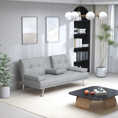 Canapé-lit 66 places rembourré gris clair avec 2 porte-gobelets et pieds en acier inoxydable pour le salon