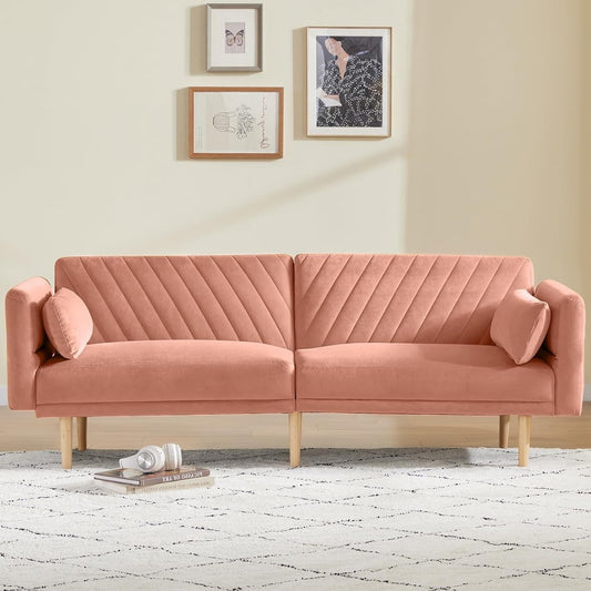 Canapé-lit convertible futon rose clair avec oreillers