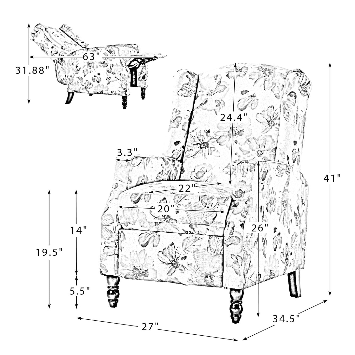 Fauteuil inclinable manuel Damaris de style Mid-Century Modern avec dossier à oreilles par HULALA HOME