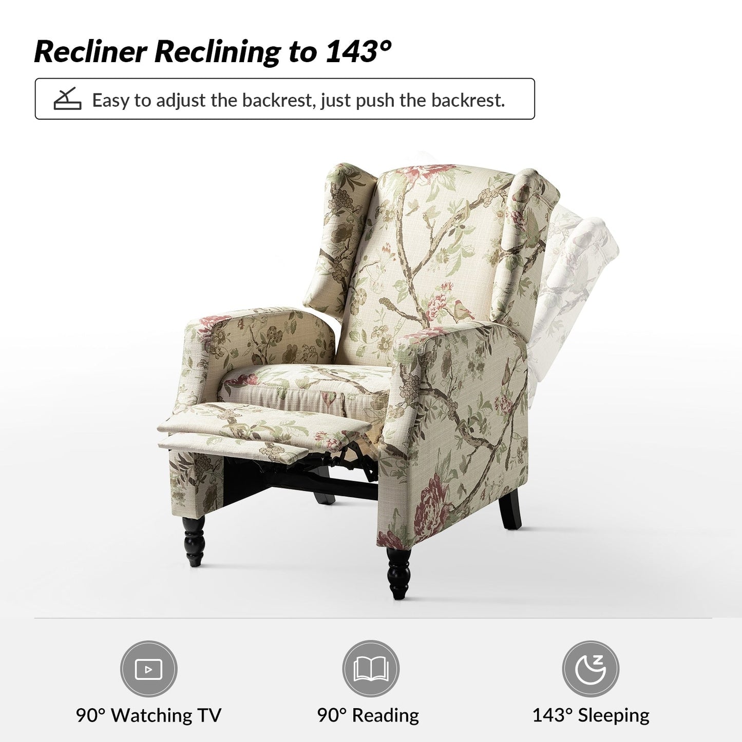 Fauteuil inclinable manuel Damaris de style Mid-Century Modern avec dossier à oreilles par HULALA HOME