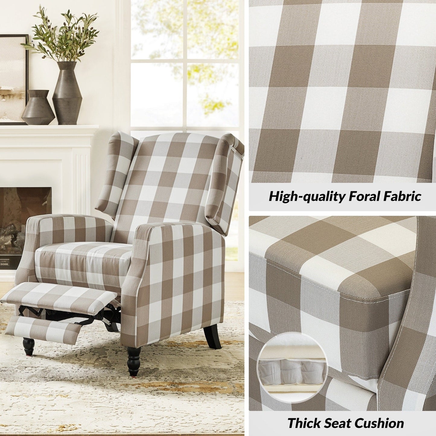 Fauteuil inclinable manuel Damaris de style Mid-Century Modern avec dossier à oreilles par HULALA HOME