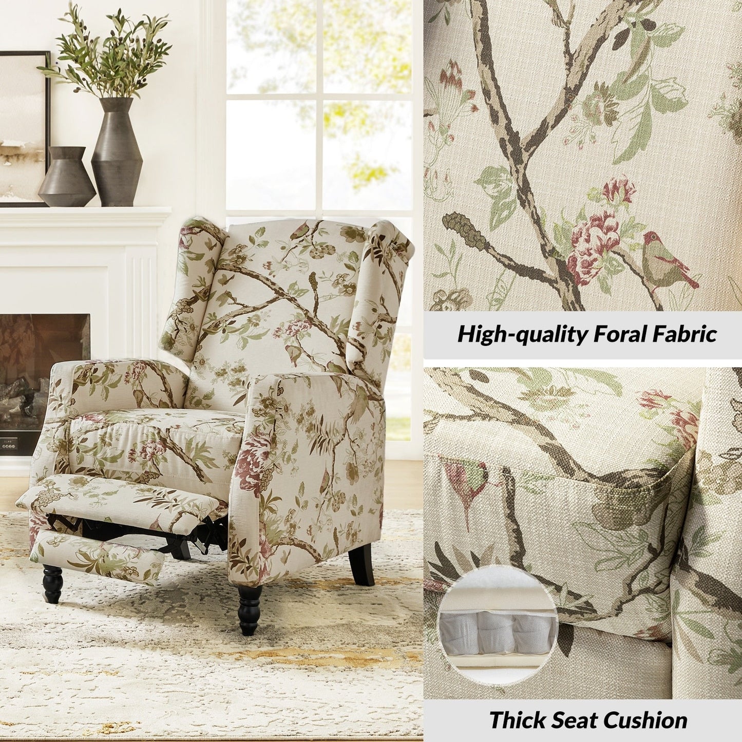 Fauteuil inclinable manuel Damaris de style Mid-Century Modern avec dossier à oreilles par HULALA HOME