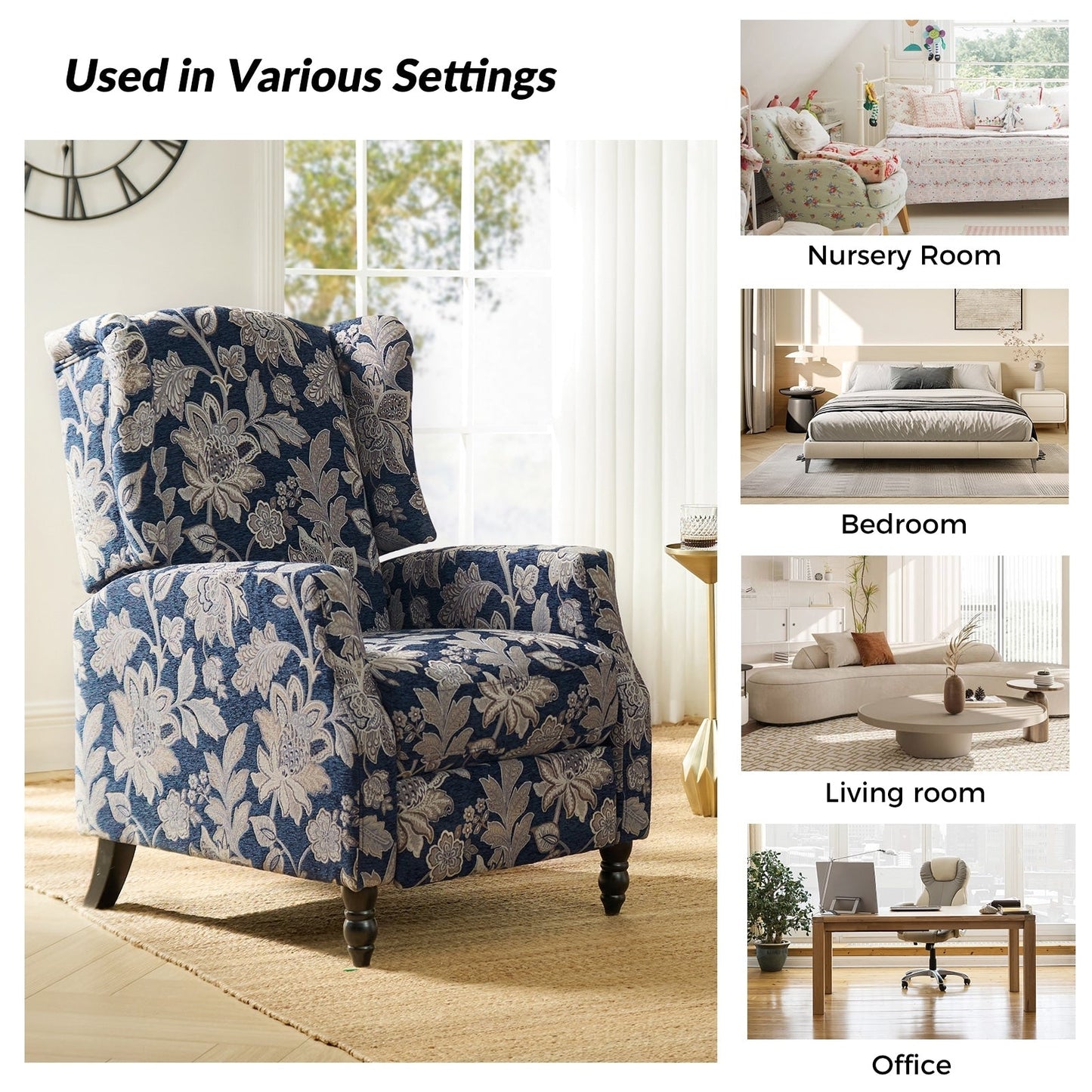 Fauteuil inclinable manuel Damaris de style Mid-Century Modern avec dossier à oreilles par HULALA HOME