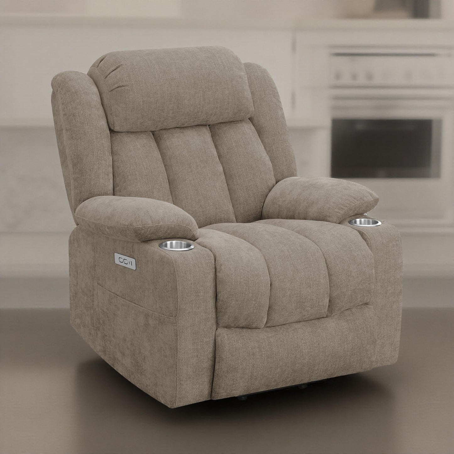 Fauteuil inclinable releveur électrique Limi, marron camel, port USB, porte-gobelets