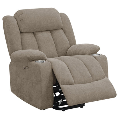Fauteuil inclinable releveur électrique Limi, marron camel, port USB, porte-gobelets