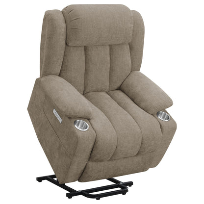 Fauteuil inclinable releveur électrique Limi, marron camel, port USB, porte-gobelets