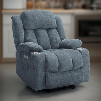 Fauteuil inclinable releveur électrique Limi, bleu ardoise, port USB, porte-gobelets