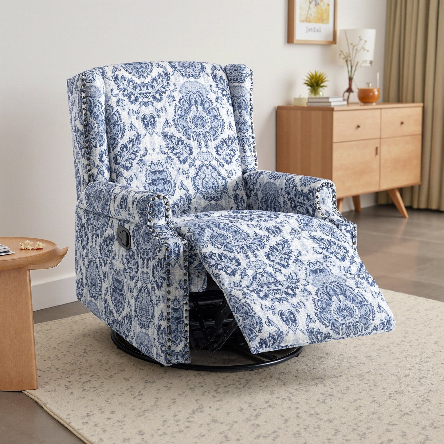 Fauteuil inclinable manuel pivotant en lin avec repose-pieds