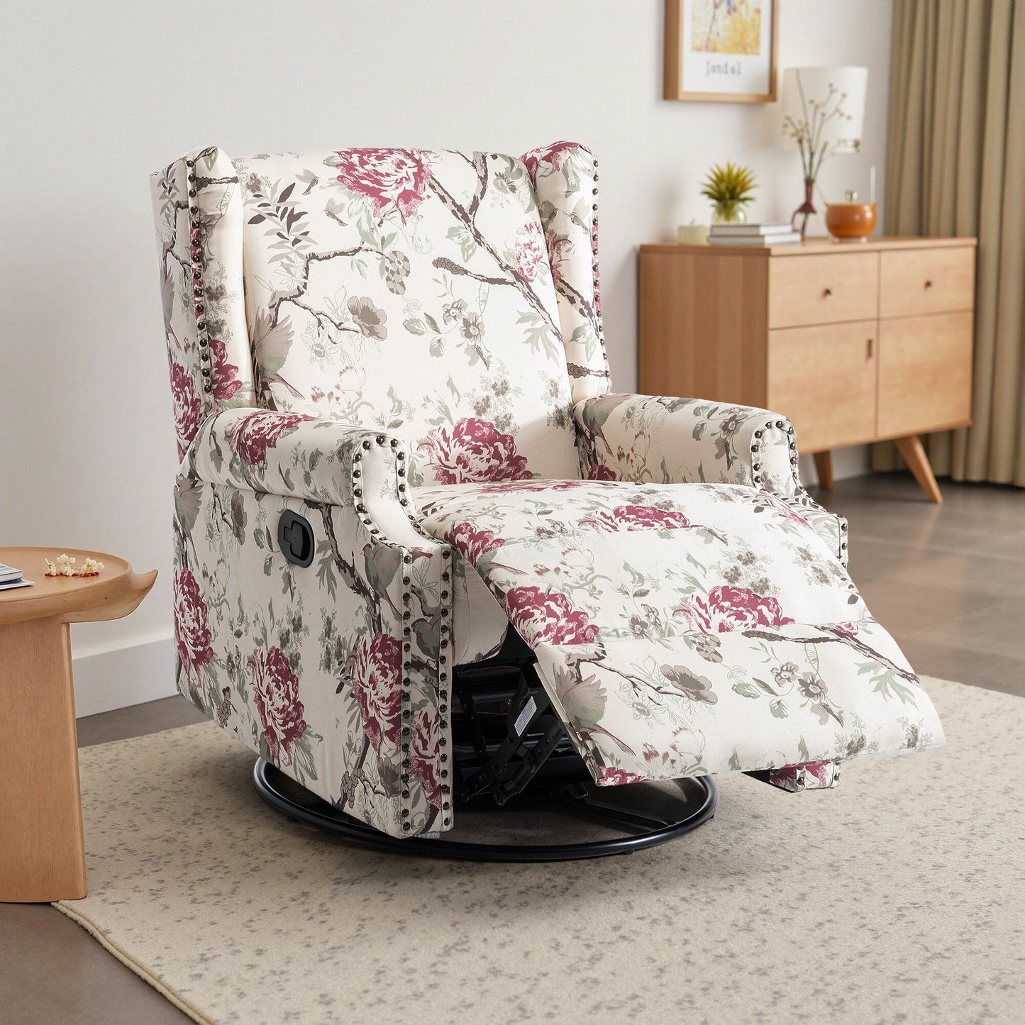 Fauteuil inclinable manuel pivotant en lin avec repose-pieds