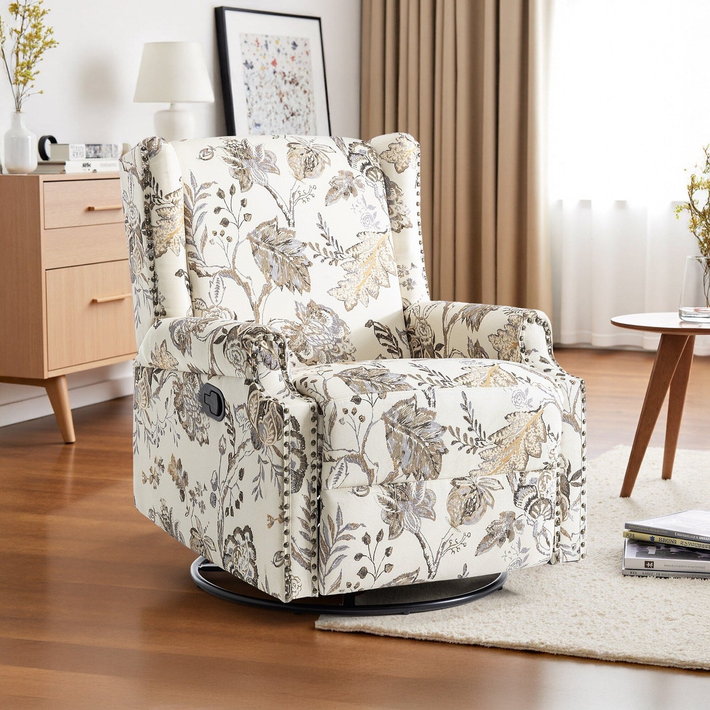 Fauteuil inclinable manuel pivotant en lin avec repose-pieds