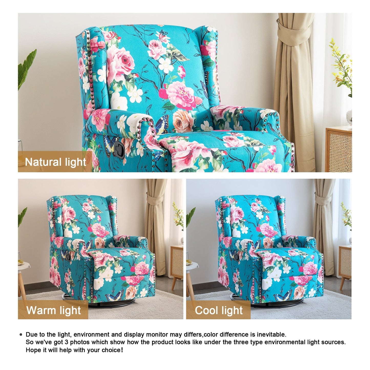 Fauteuil inclinable manuel pivotant en lin avec repose-pieds