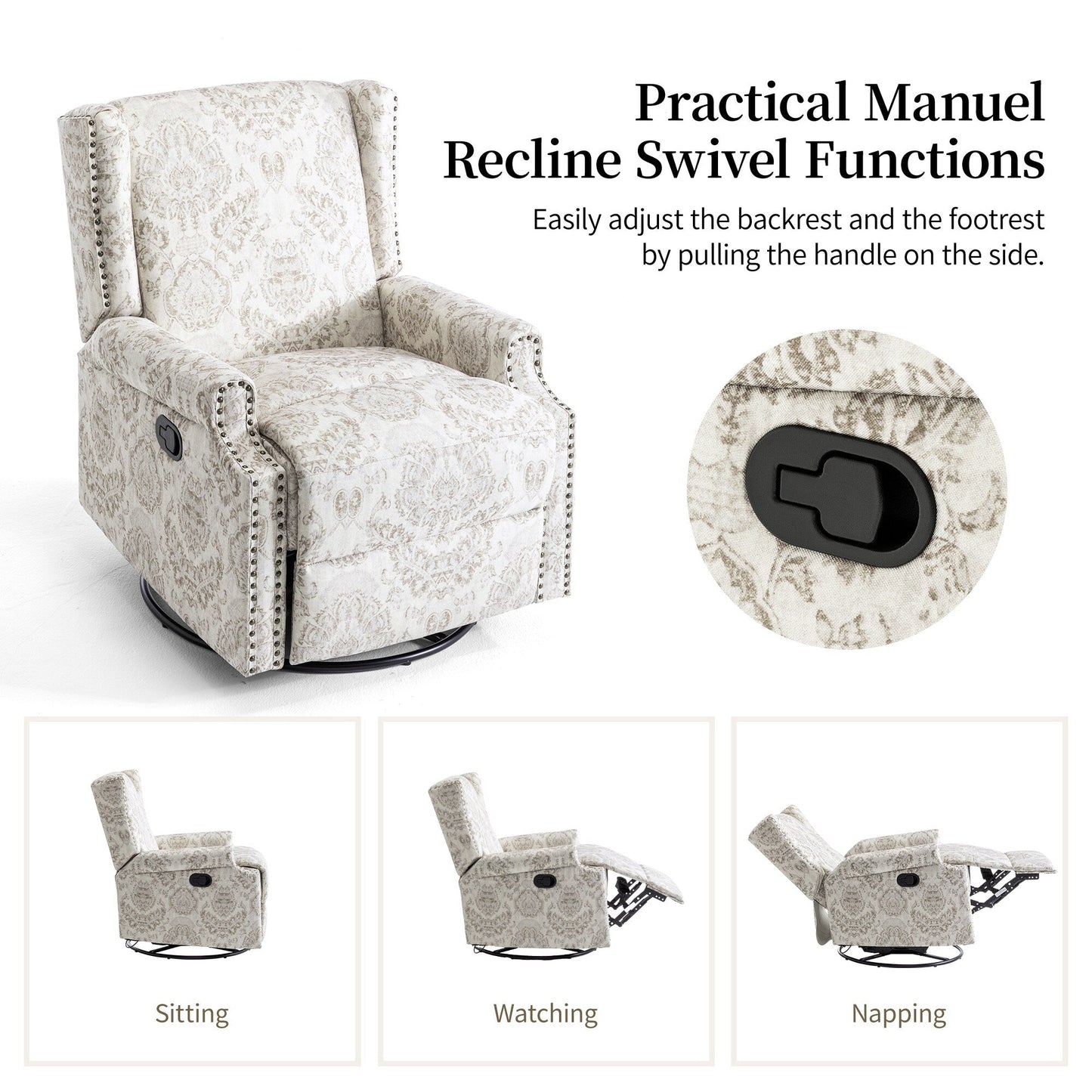 Fauteuil inclinable manuel pivotant en lin avec repose-pieds