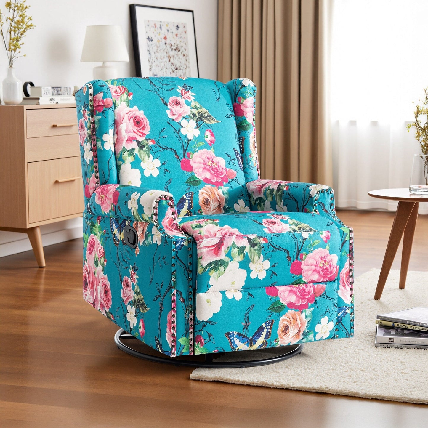 Fauteuil inclinable manuel pivotant en lin avec repose-pieds