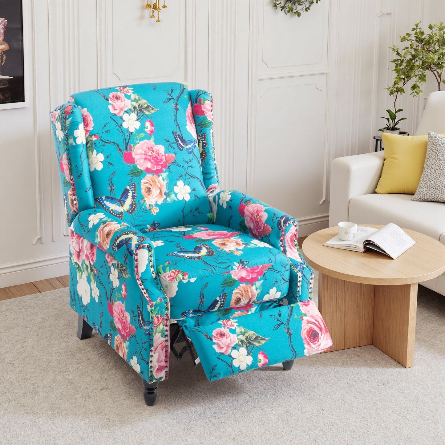 Fauteuil inclinable manuel rembourré en lin avec pieds en bois