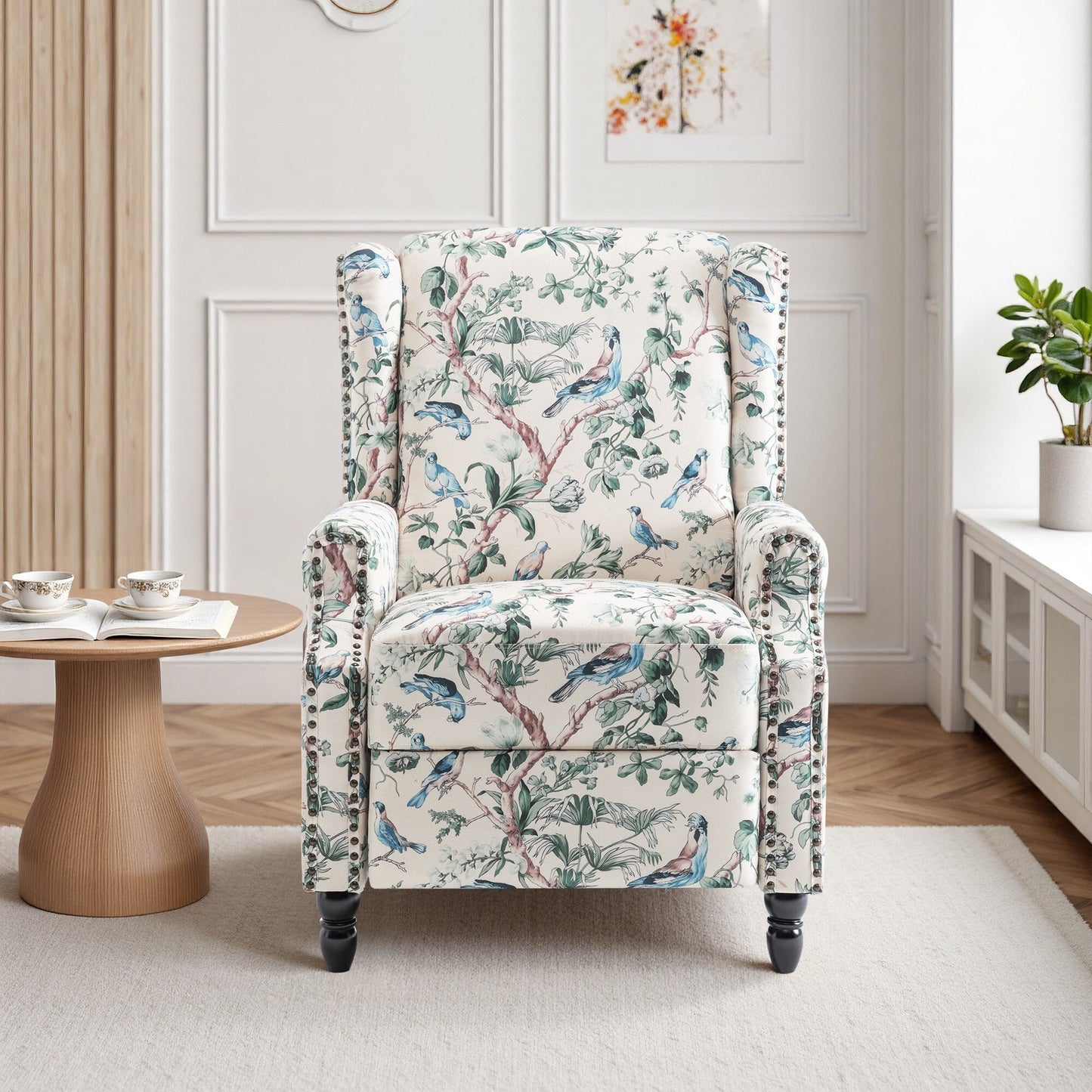 Fauteuil inclinable manuel rembourré en lin avec pieds en bois