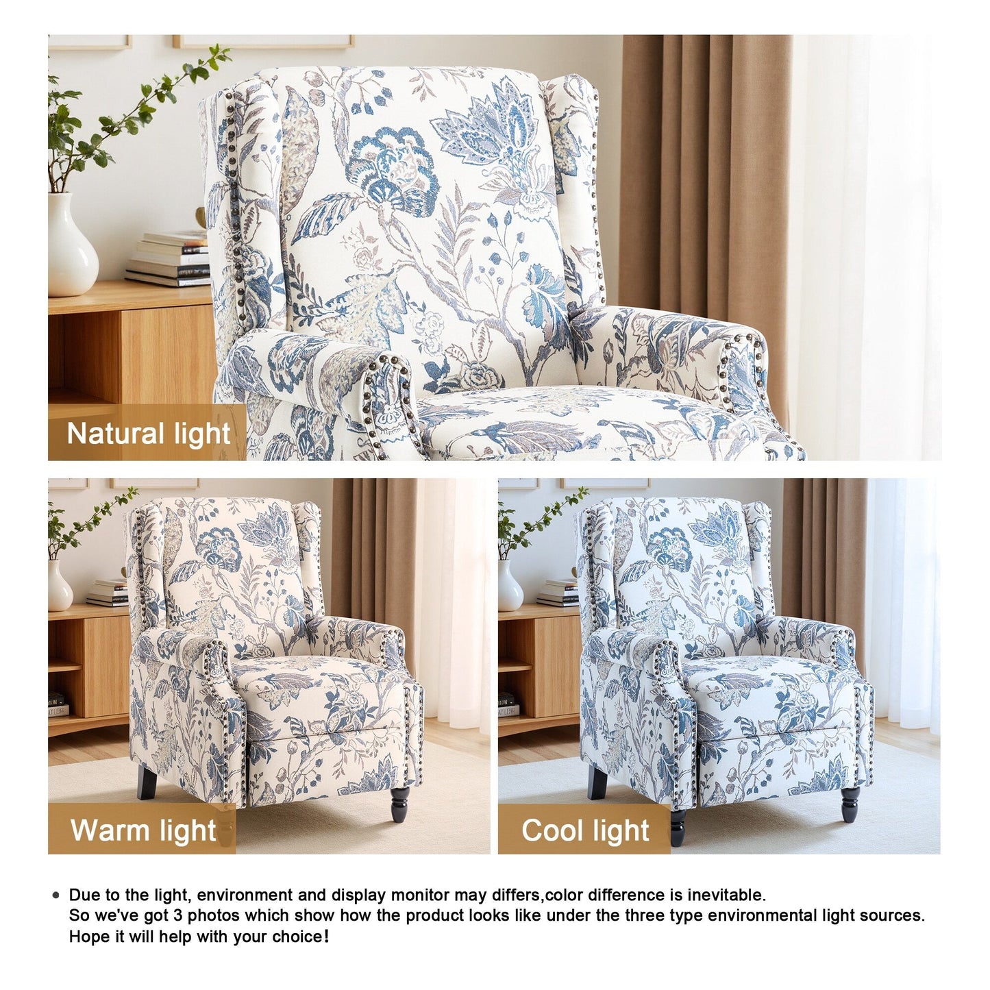 Fauteuil inclinable manuel rembourré en lin avec pieds en bois