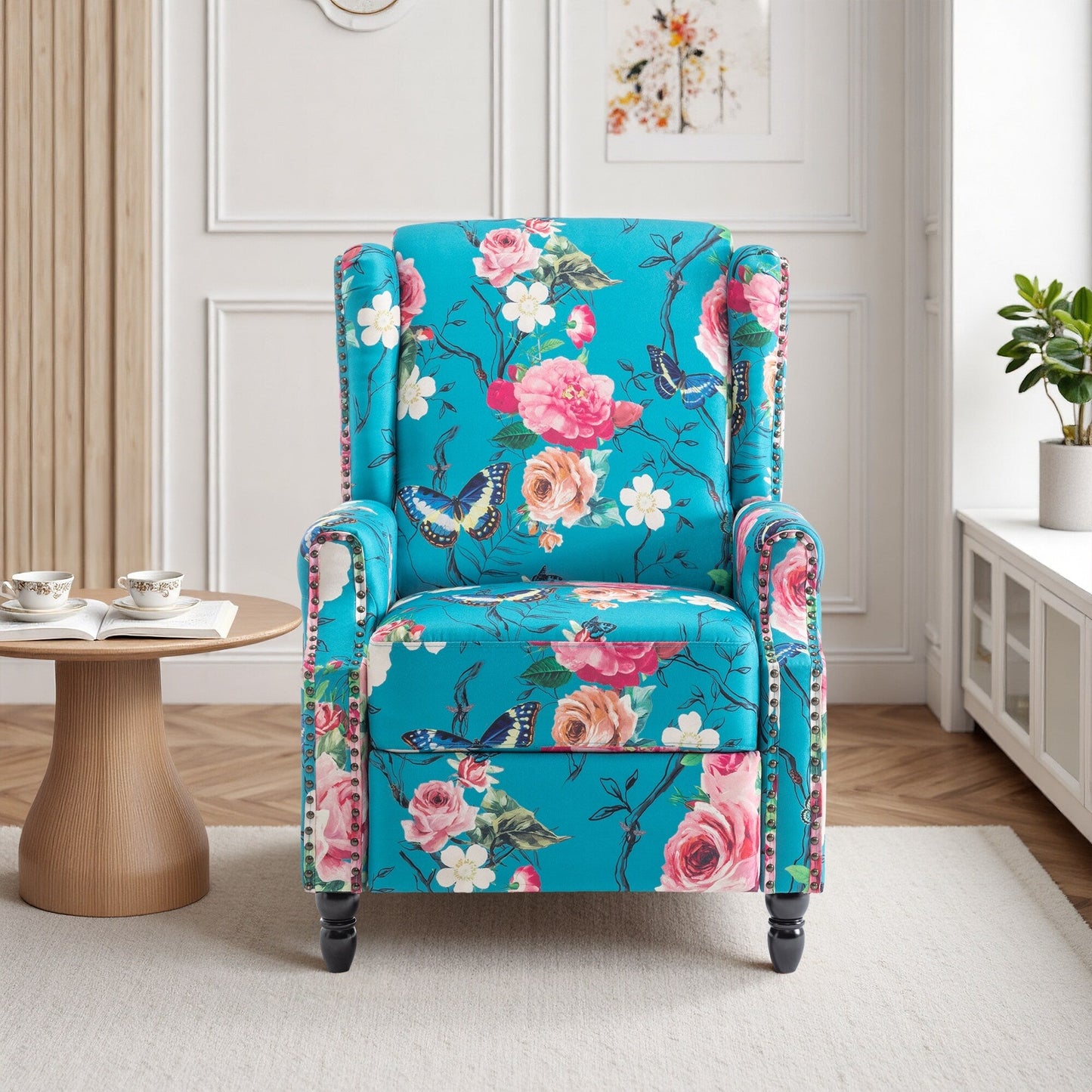 Fauteuil inclinable manuel rembourré en lin avec pieds en bois