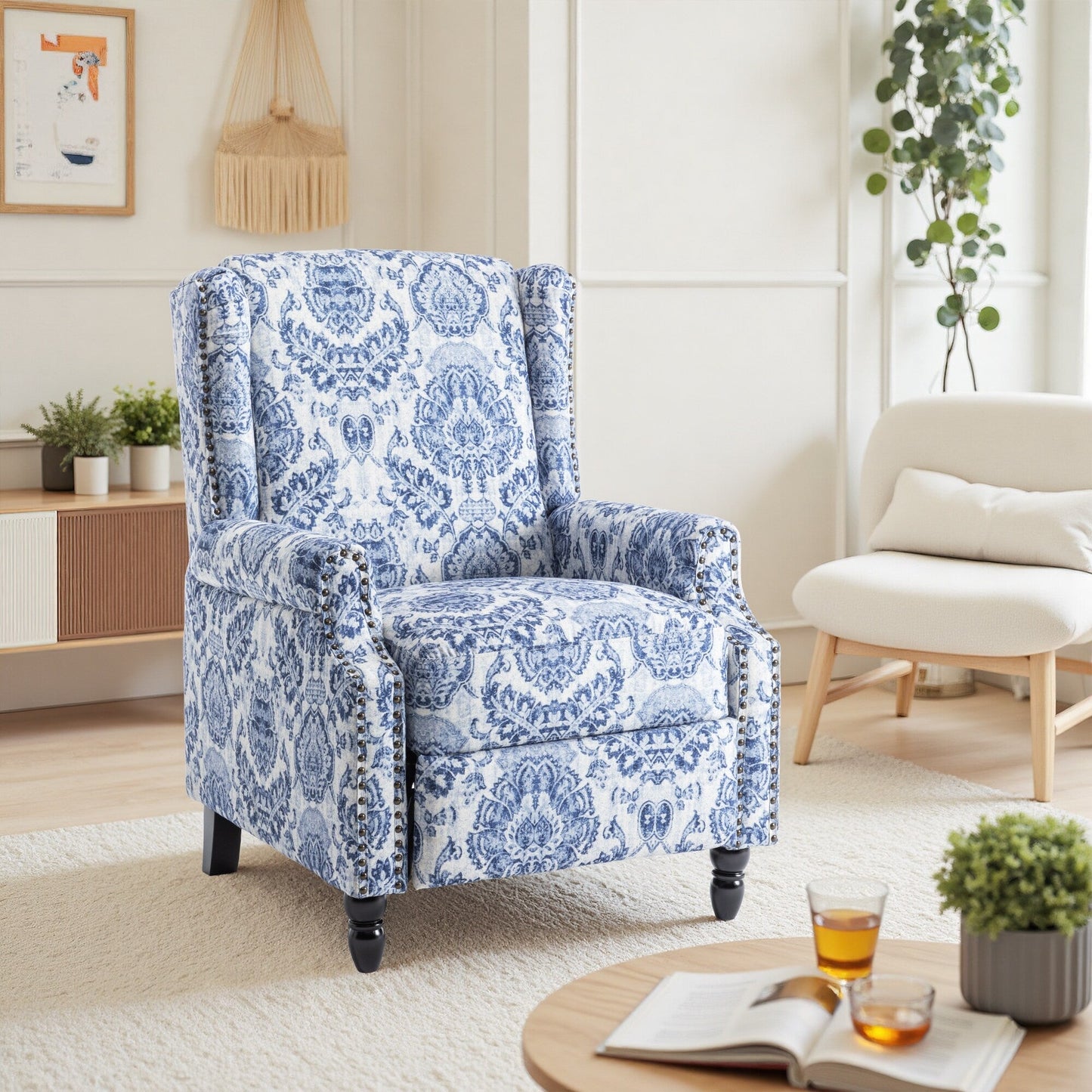 Fauteuil inclinable manuel rembourré en lin avec pieds en bois