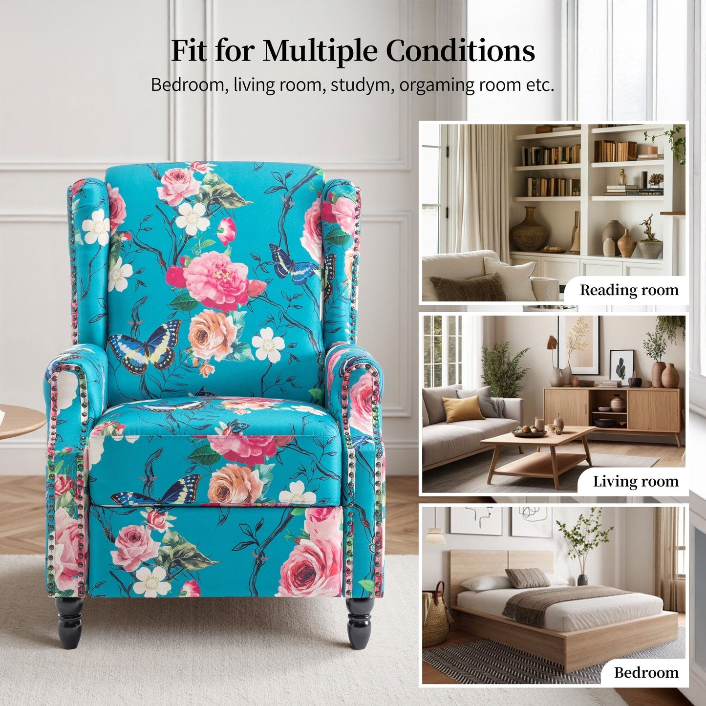 Fauteuil inclinable manuel rembourré en lin avec pieds en bois