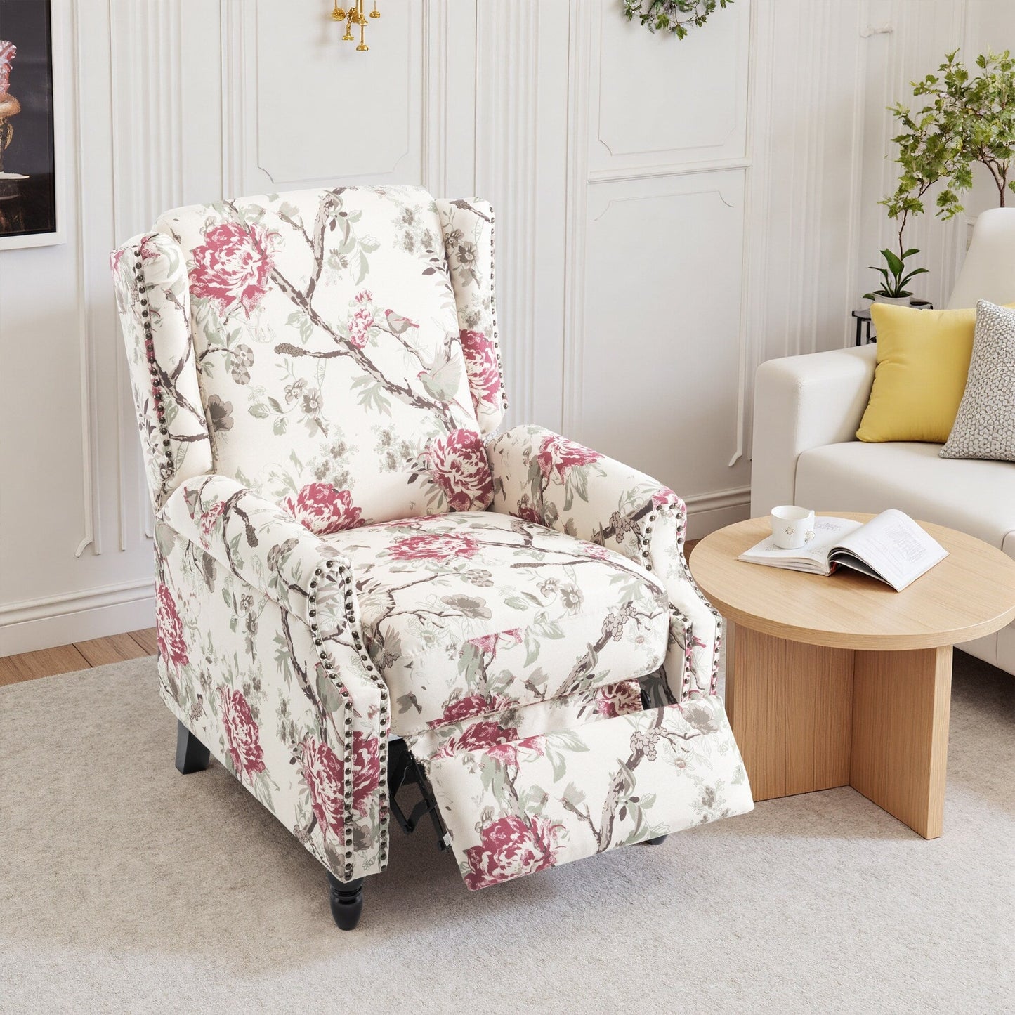 Fauteuil inclinable manuel rembourré en lin avec pieds en bois