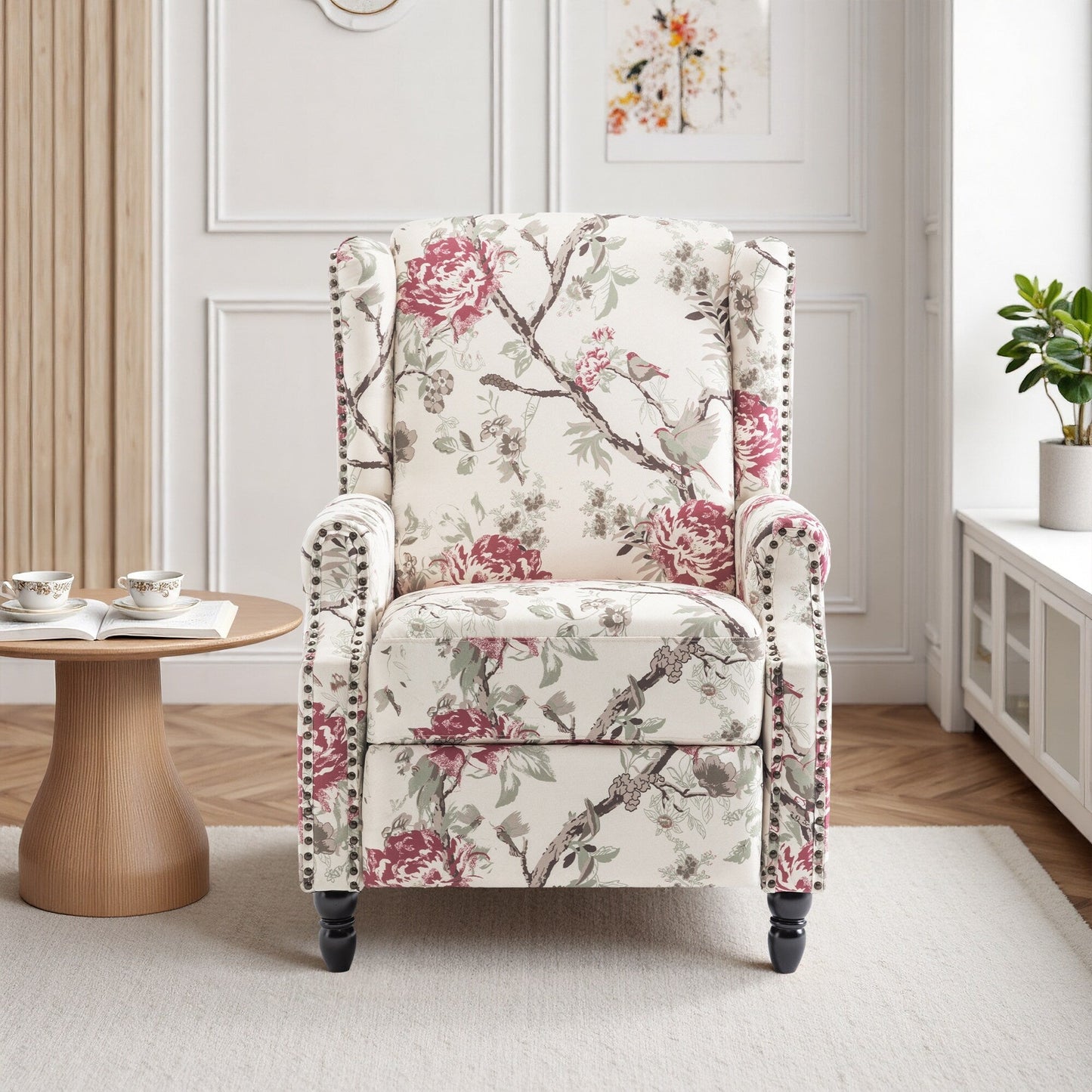 Fauteuil inclinable manuel rembourré en lin avec pieds en bois