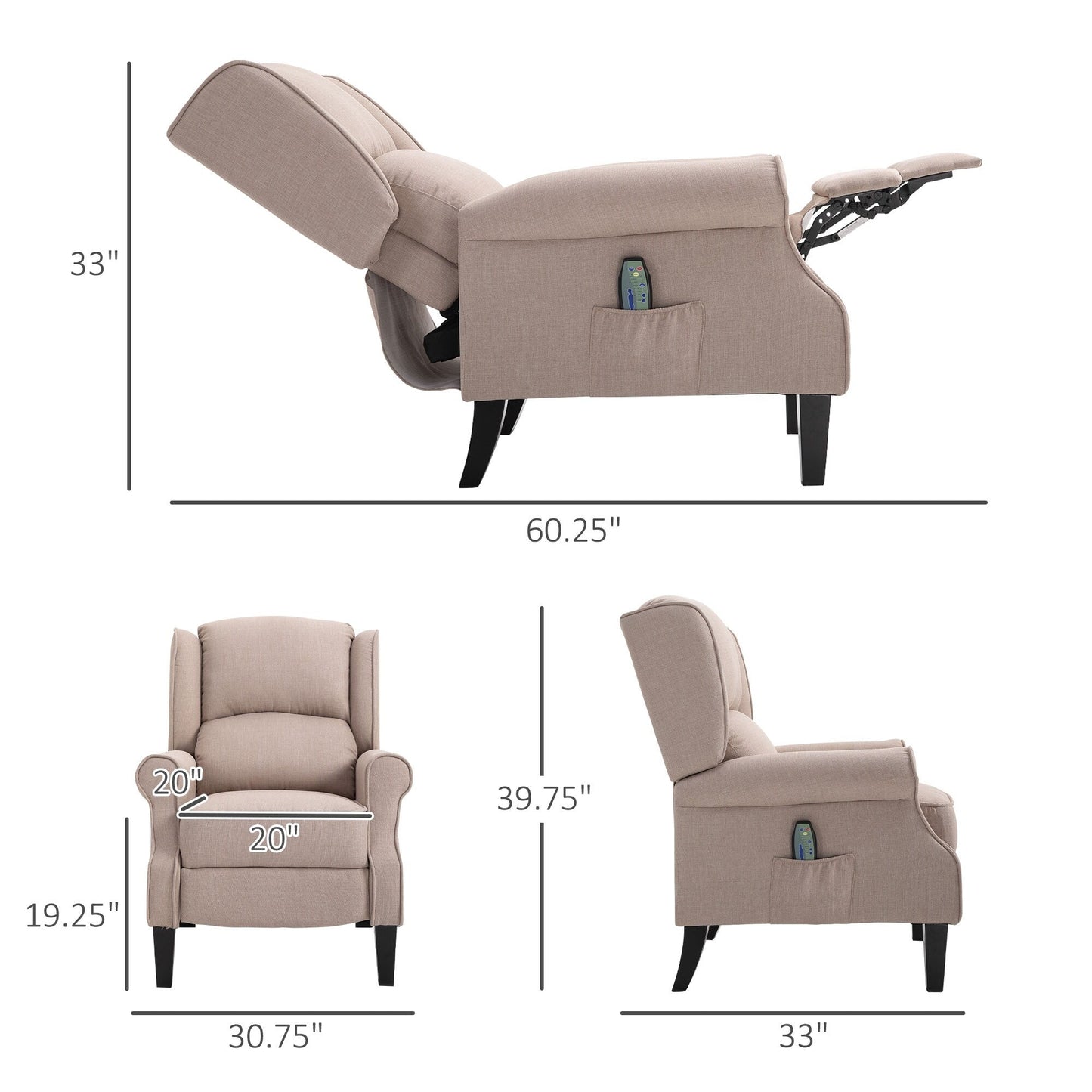 Fauteuil inclinable massant en lin avec fonction chauffante, télécommande et inclinaison manuelle