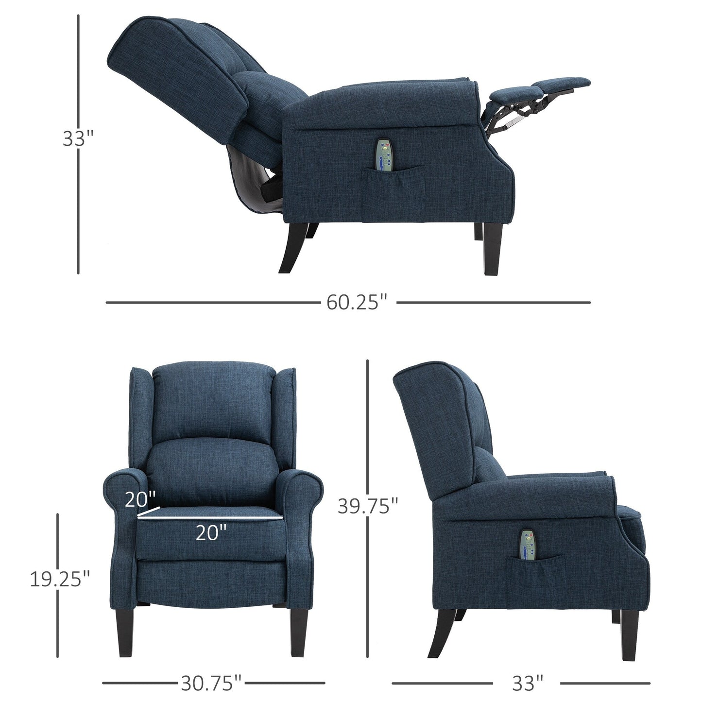 Fauteuil inclinable massant en lin avec fonction chauffante, télécommande et inclinaison manuelle