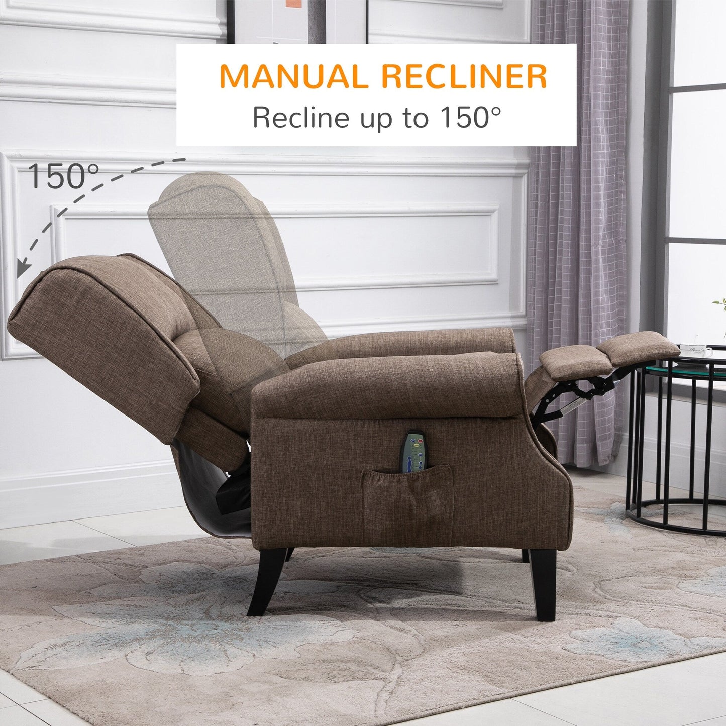 Fauteuil inclinable massant en lin avec fonction chauffante, télécommande et inclinaison manuelle