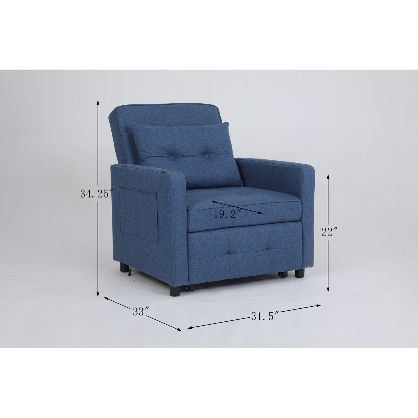 Fauteuil inclinable en lin, lit gigogne, fauteuil de salon pliant convertible avec port USB, porte-gobelet et poches latérales