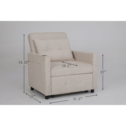 Fauteuil inclinable en lin, lit gigogne, fauteuil de salon pliant convertible avec port USB, porte-gobelet et poches latérales