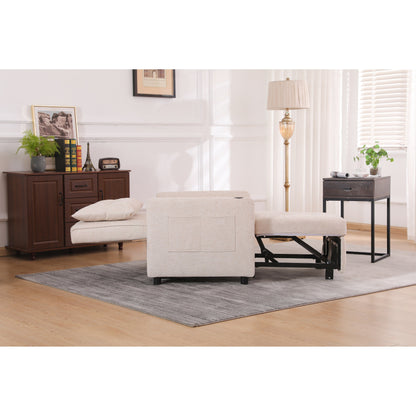 Fauteuil inclinable en lin, lit gigogne, fauteuil de salon pliant convertible avec port USB, porte-gobelet et poches latérales