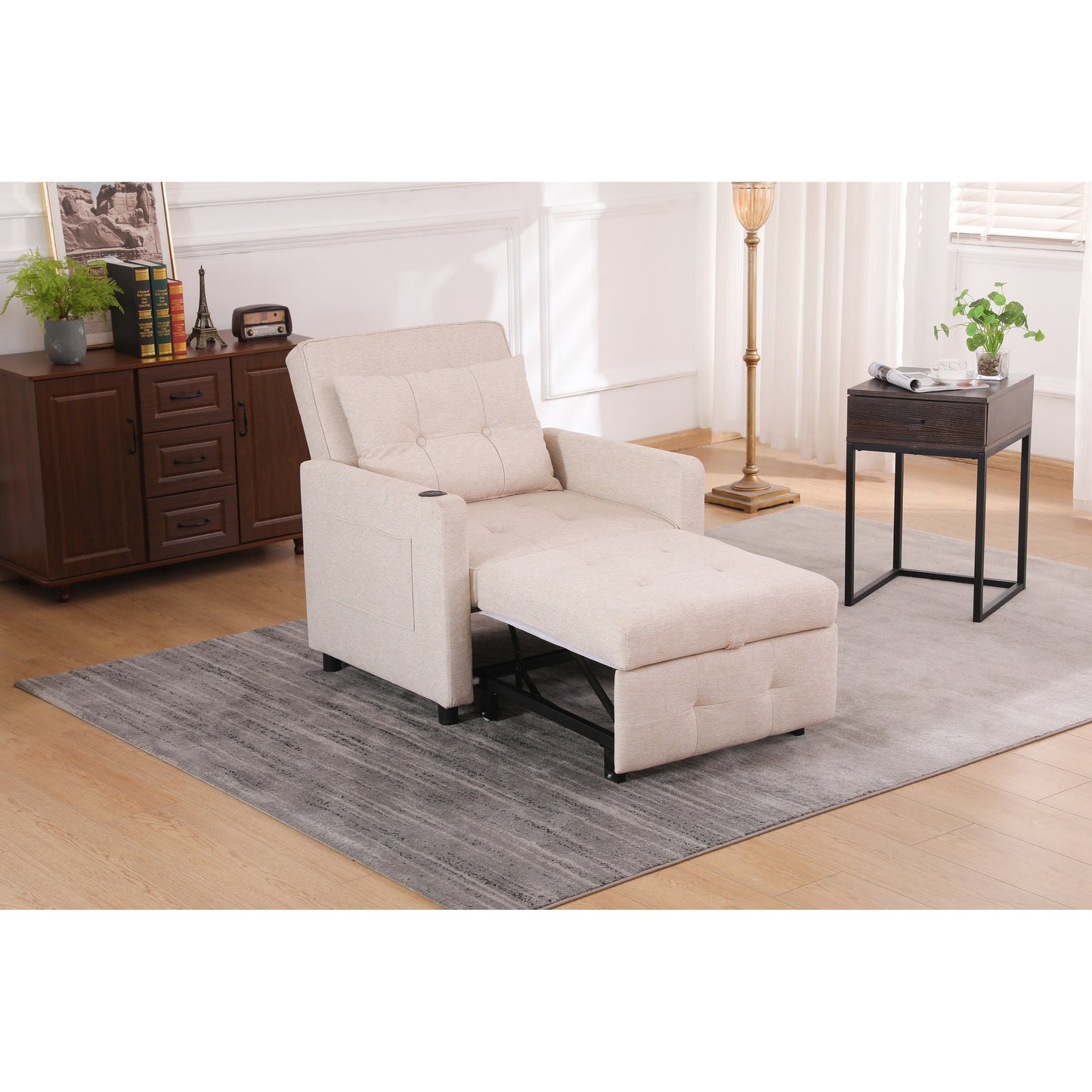 Fauteuil inclinable en lin, lit gigogne, fauteuil de salon pliant convertible avec port USB, porte-gobelet et poches latérales