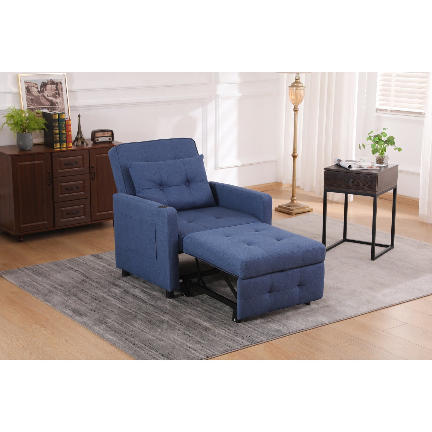 Fauteuil inclinable en lin, lit gigogne, fauteuil de salon pliant convertible avec port USB, porte-gobelet et poches latérales