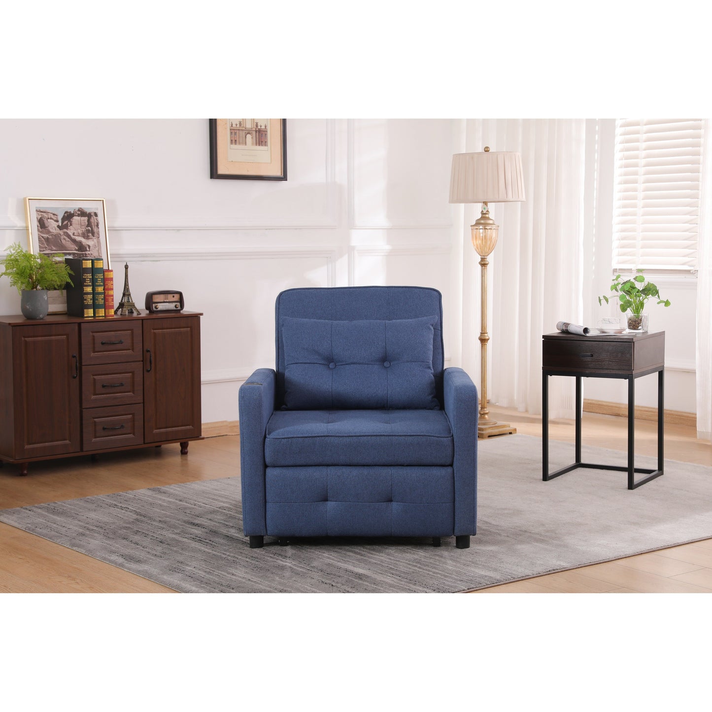 Fauteuil inclinable en lin, lit gigogne, fauteuil de salon pliant convertible avec port USB, porte-gobelet et poches latérales