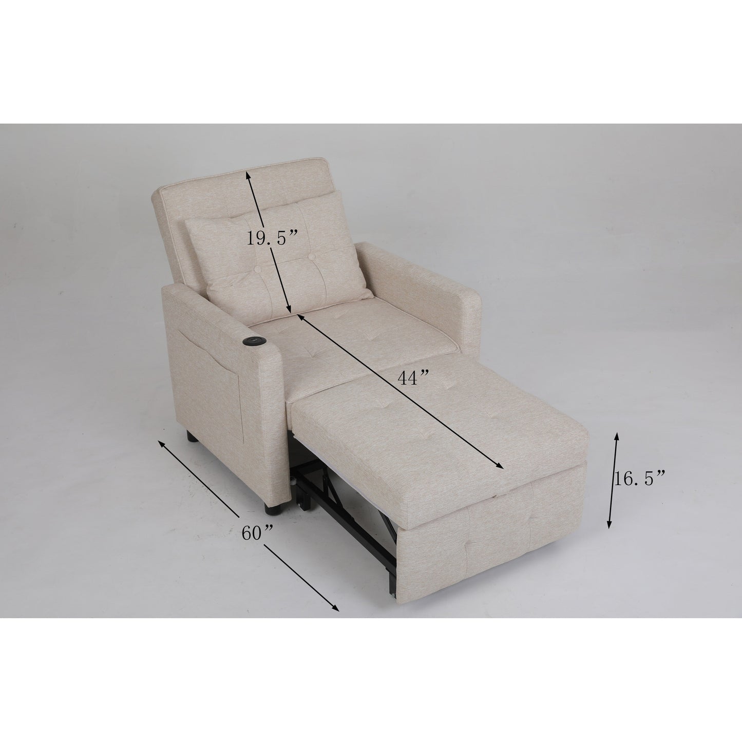 Fauteuil inclinable en lin, lit gigogne, fauteuil de salon pliant convertible avec port USB, porte-gobelet et poches latérales