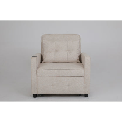 Fauteuil inclinable en lin, lit gigogne, fauteuil de salon pliant convertible avec port USB, porte-gobelet et poches latérales